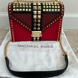 Michael Kors Bright Red Leather Shoulder Purse with MultiGold